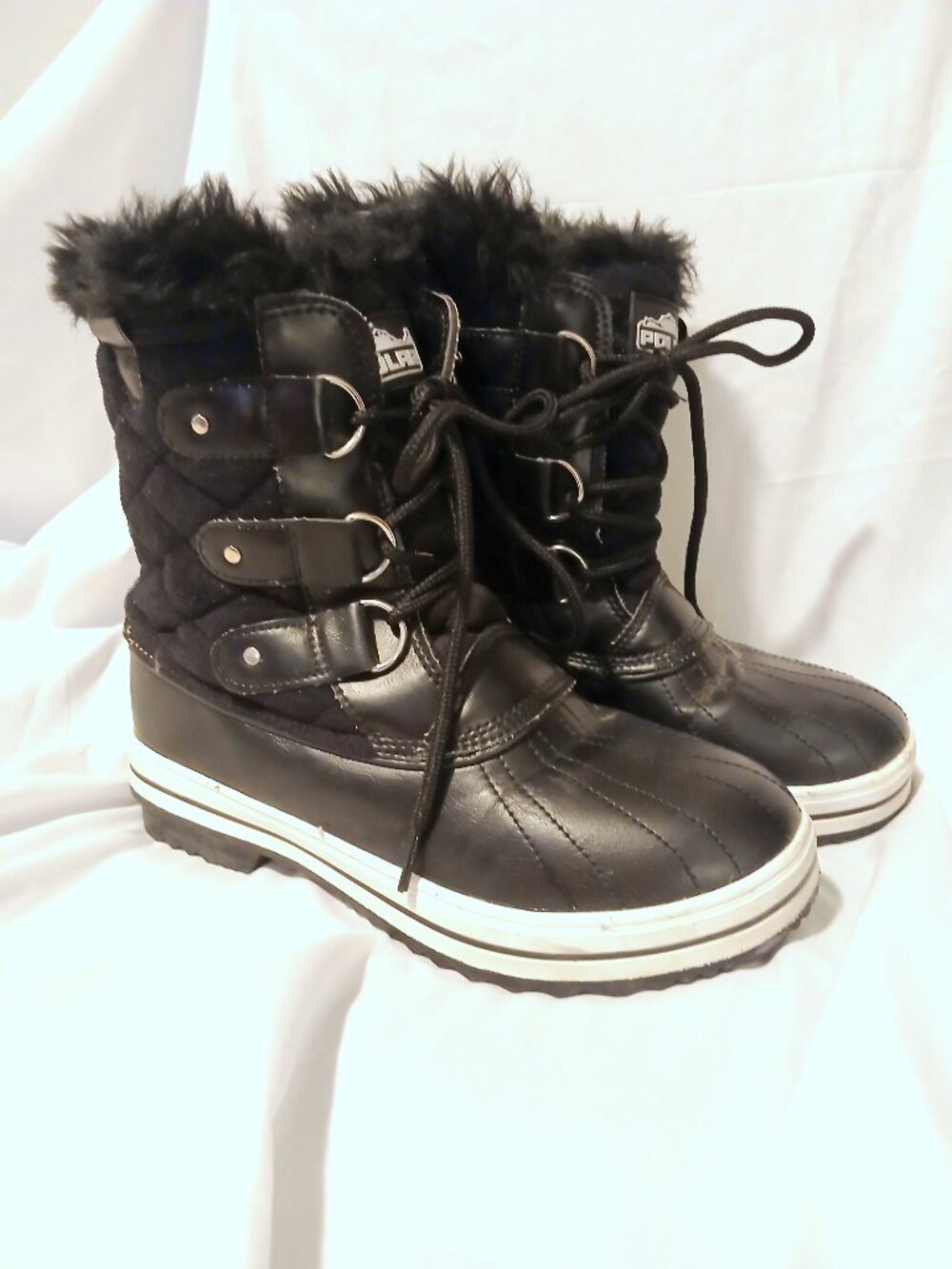 Polar Black Quilted Faux Fur Waterproof Winter Duck Boots 8 Snow Cold Weather